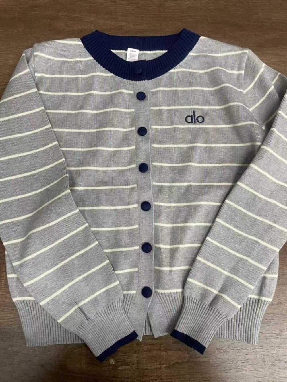 Alo Yoga Grey White Striped Knit Cardigan Navy Trim Button Up Sweater